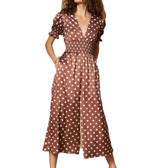 Slate & Willow Pants - Slate and Willow Jumpsuit Sketched Polka Dot Brown White Size 2